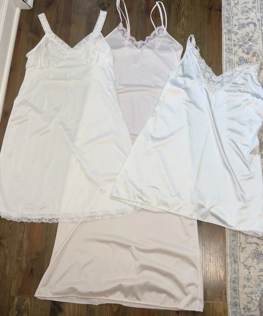 Vintage Set Of 3 Dixie Belle Satin Dress Slip Size 36 White Nylon
